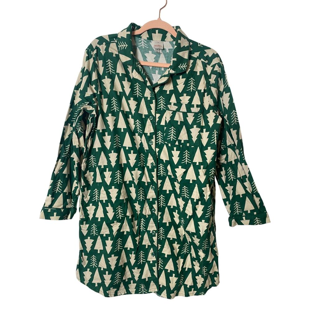 Hanna Anderson Women Holiday Flanel Nightshirt Dress Pockets Green Size M